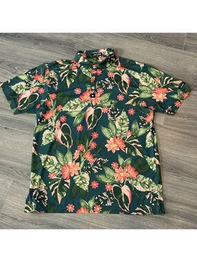 Bad Birdie Polo Shirt Mens Large Green Tropical Floral Golf Performance Stretch